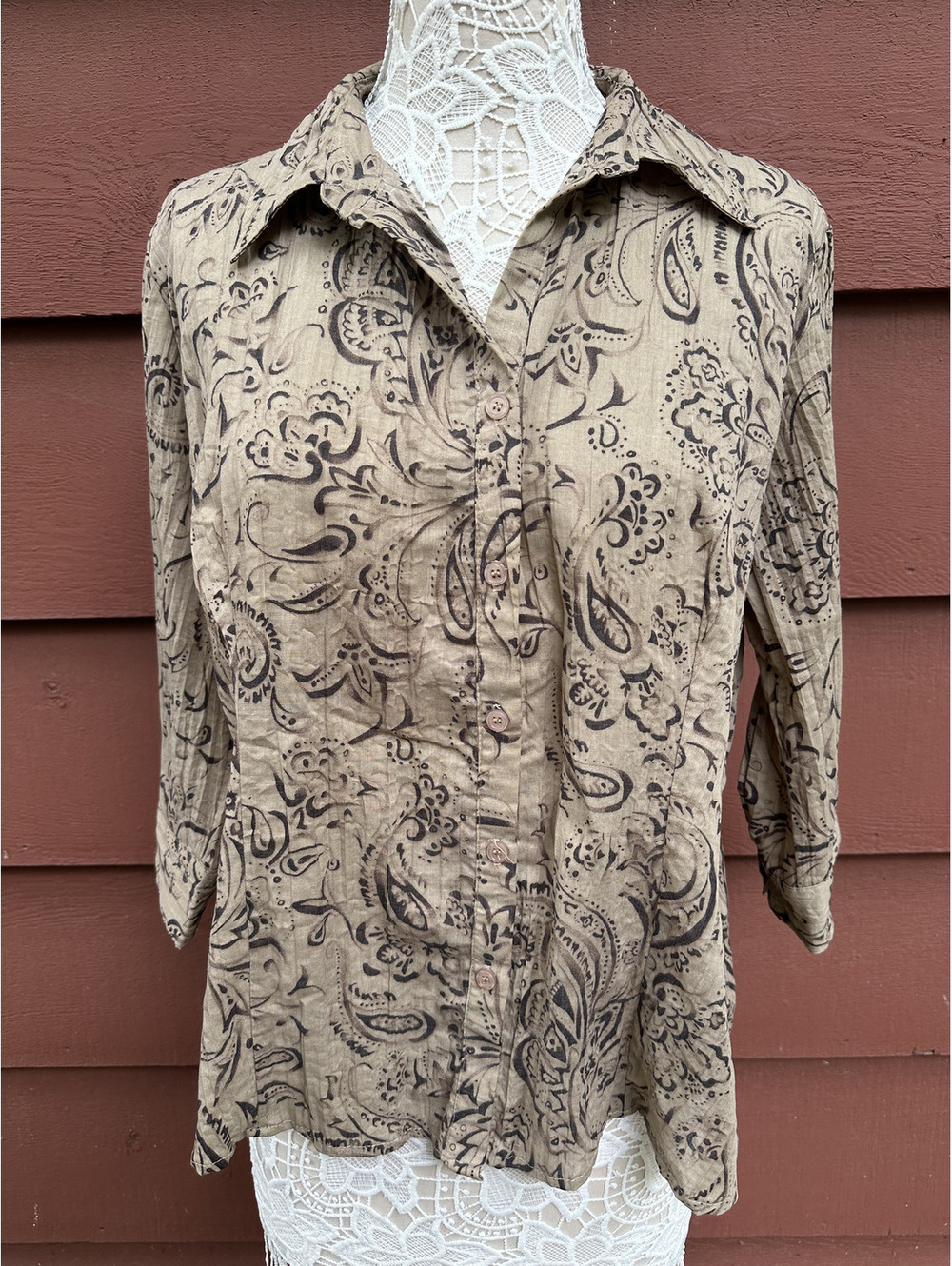 Lemon Grass Studio Brown Tan Paisley Button Down Blouse Y2K Bohemian Casual